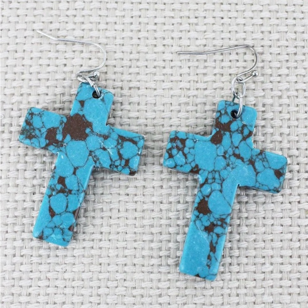 Turquoise Stone Cross Earrings